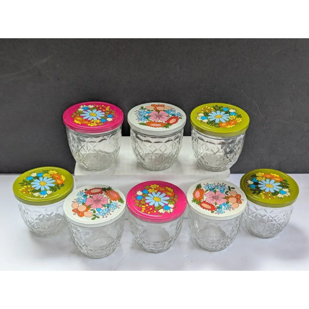VTG 8 Ball Quilted Crystal Glass Jelly Jars with Metal Flower Lids 1970s